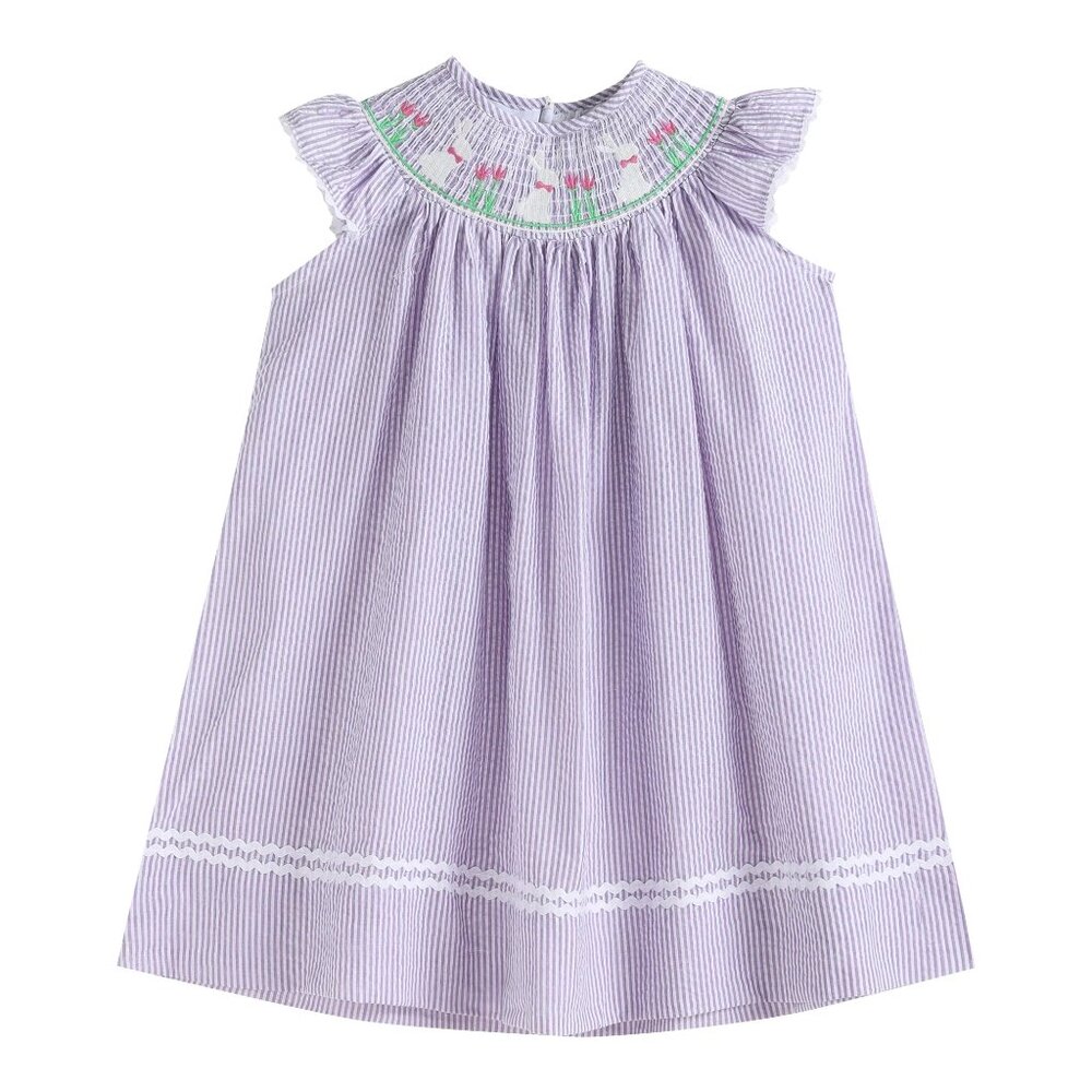 Lil Cactus Baby Girl 6-12M Lavender White Striped Seersucker Smocked Bunny Dress